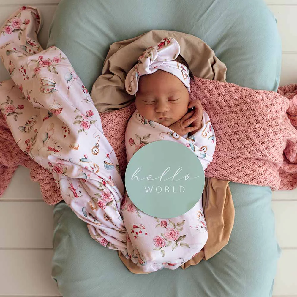 Alice’s Tea Party Organic Jersey Wrap & Topknot Set - Image 3