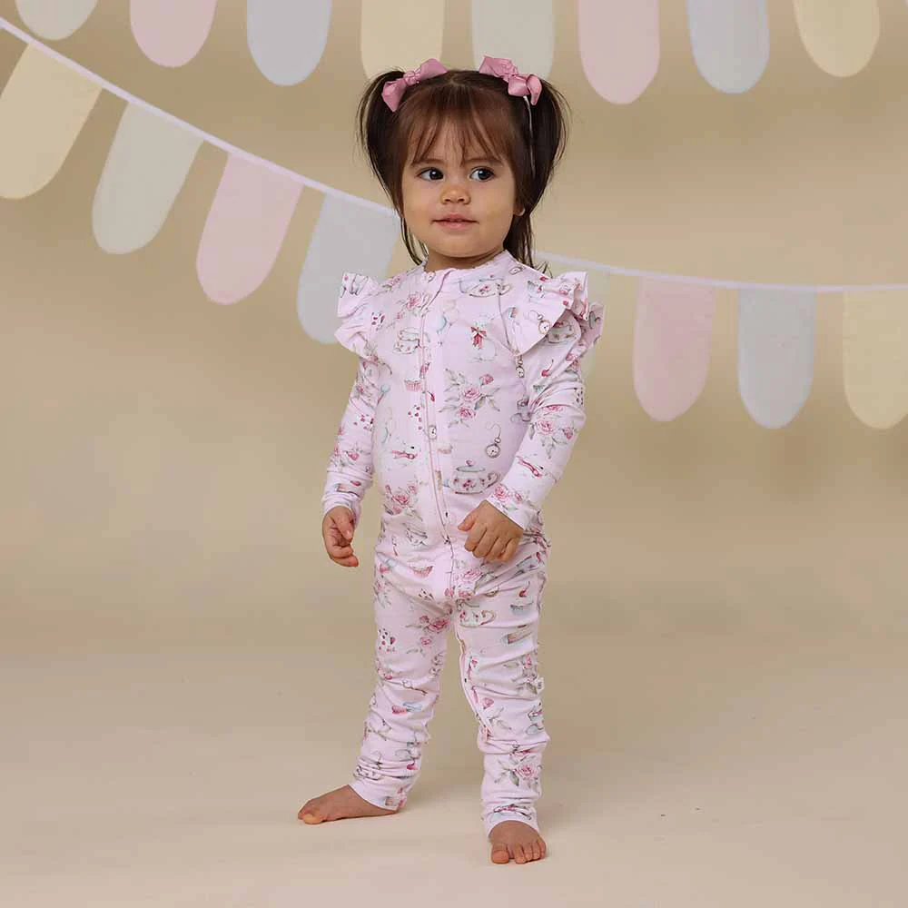 Alice’s Tea Party Organic Snugglesuit Convertible Romper with Frill - Image 3