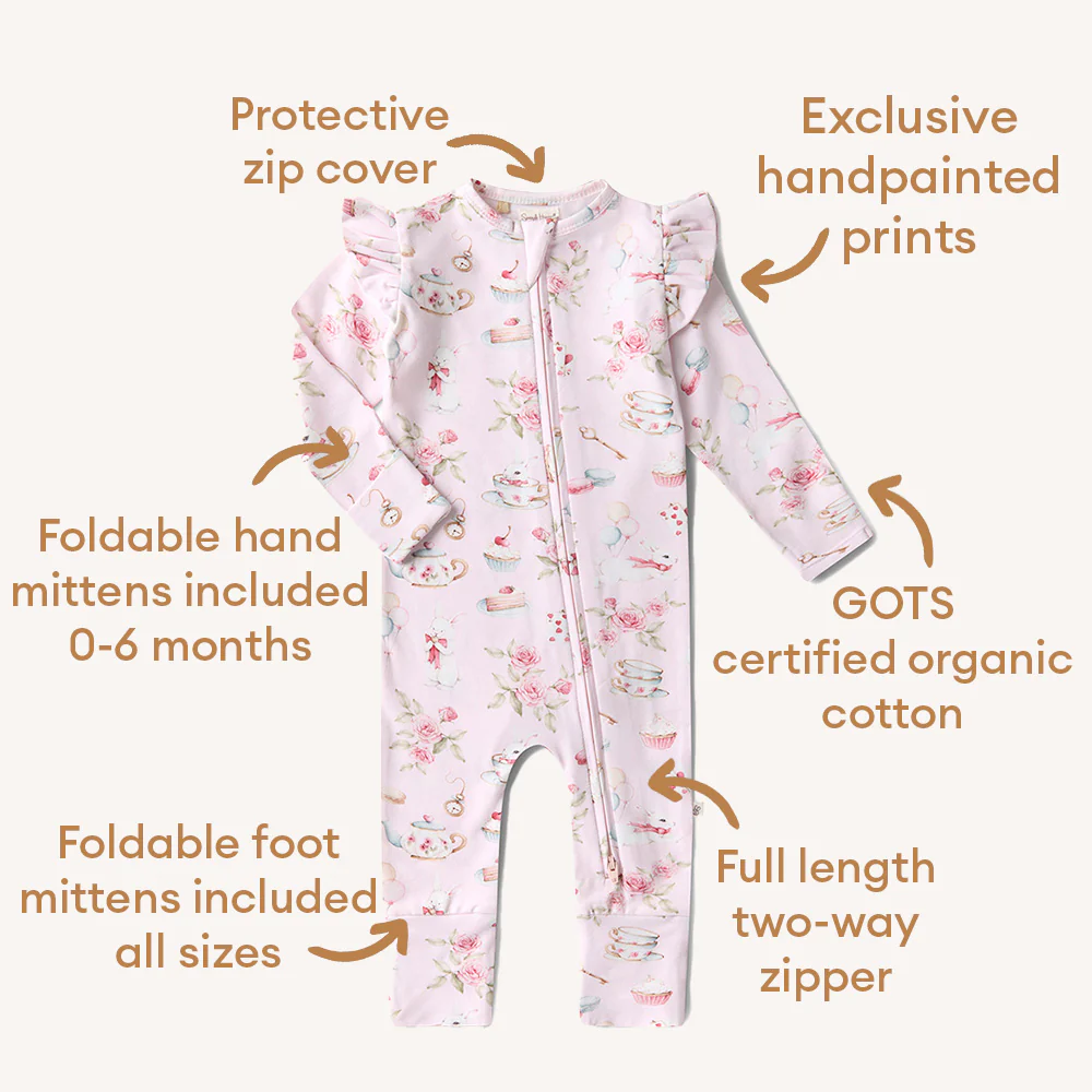 Alice’s Tea Party Organic Snugglesuit Convertible Romper with Frill - Image 7