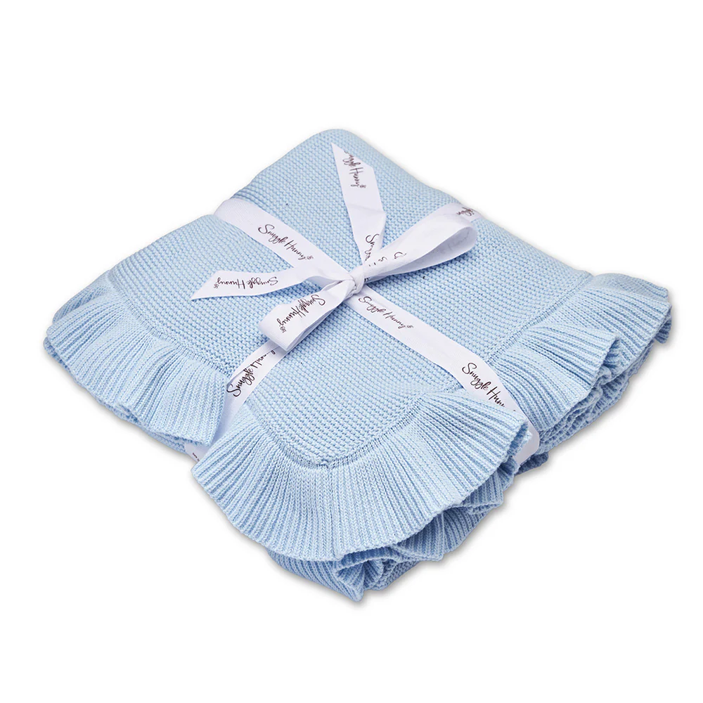 Baby Blue Ruffle Knit Organic Baby Blanket - Image 2