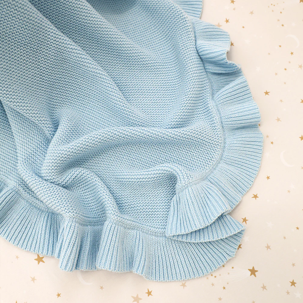 Baby Blue Ruffle Knit Organic Baby Blanket - Image 3