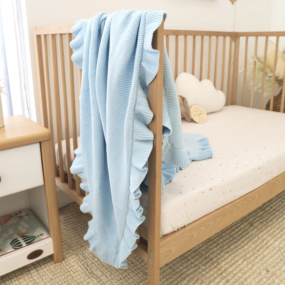 Baby Blue Ruffle Knit Organic Baby Blanket - Image 4