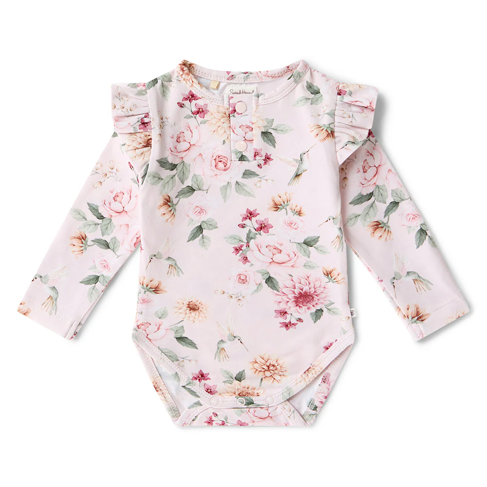 Birds & Blooms Long Sleeve Organic Bodysuit with Frill - Image 2