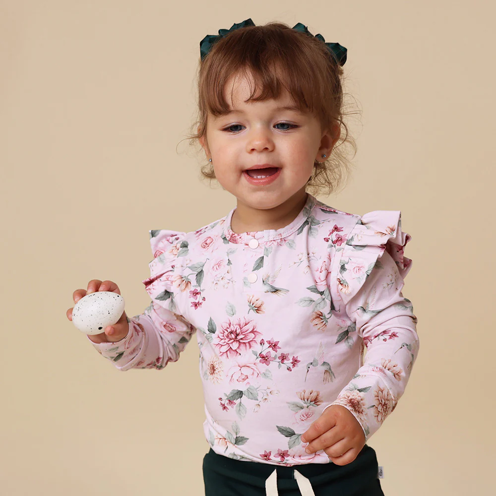 Birds & Blooms Long Sleeve Organic Bodysuit with Frill - Image 3