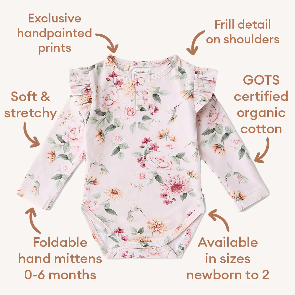Birds & Blooms Long Sleeve Organic Bodysuit with Frill - Image 6