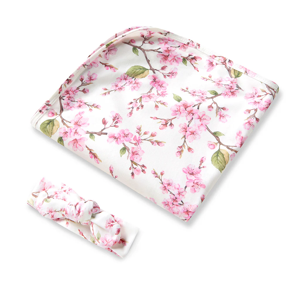 Cherry Blossom Organic Jersey Wrap & Topknot Set - Image 2