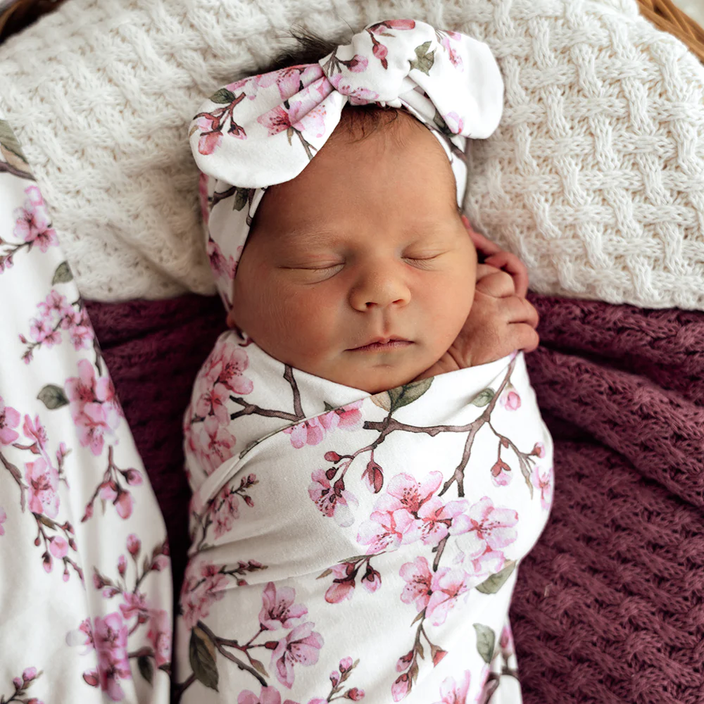 Cherry Blossom Organic Jersey Wrap & Topknot Set - Image 6