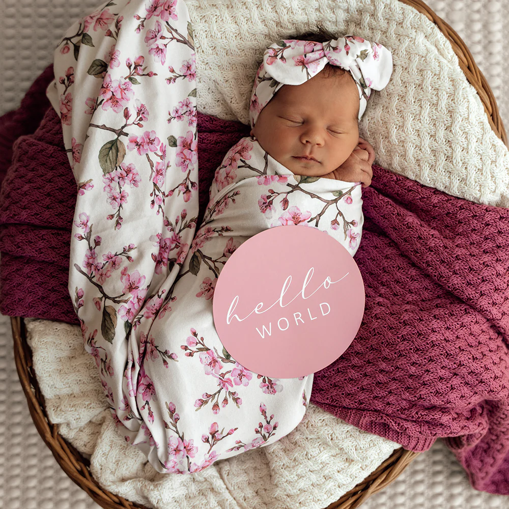 Cherry Blossom Organic Jersey Wrap & Topknot Set - Image 7