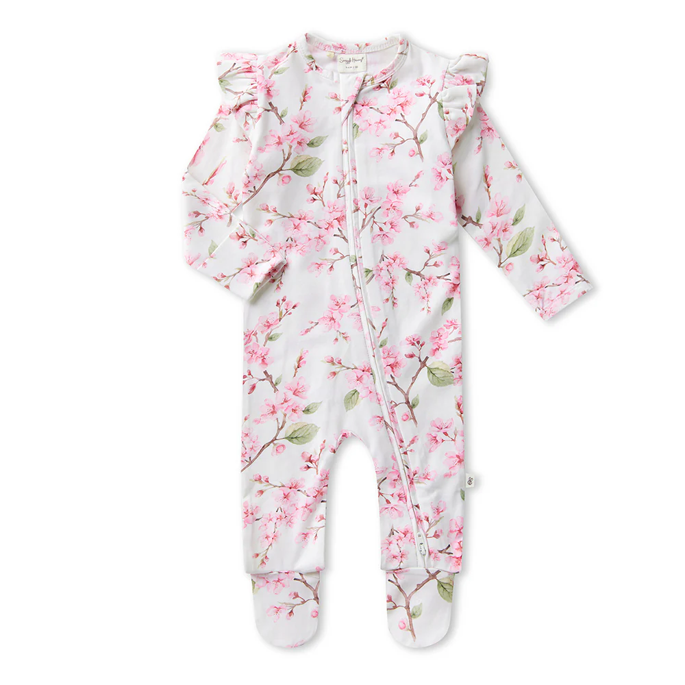 Cherry Blossom Organic Snuggle Sleepsuit Zip Footie with Frill - Image 2