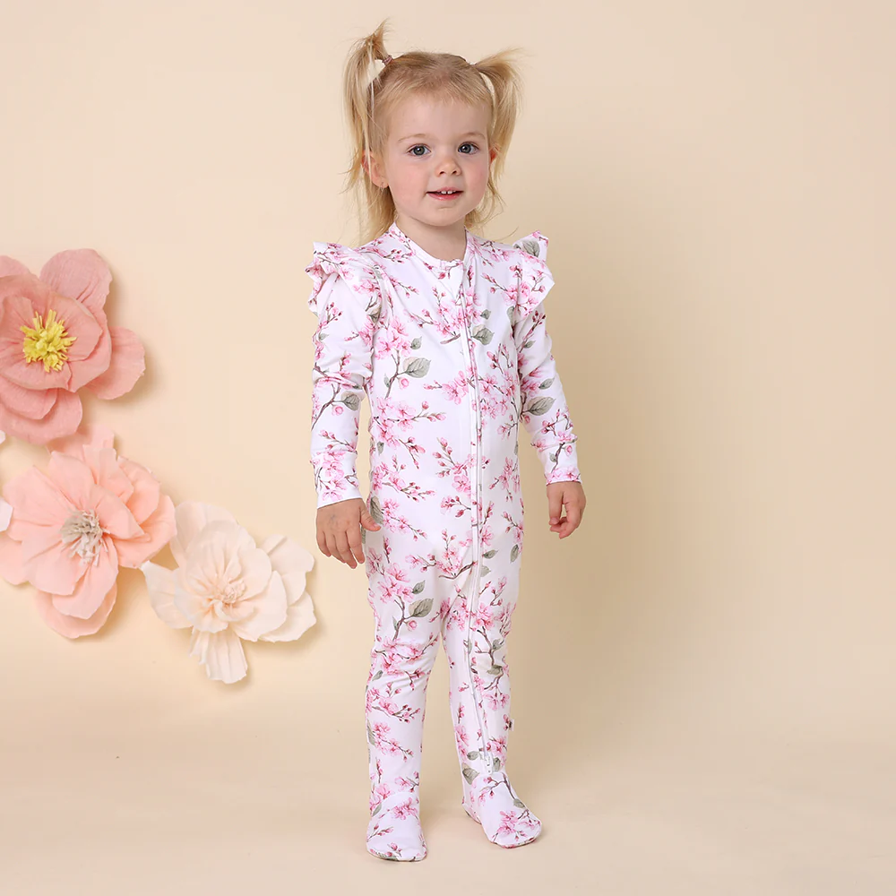 Cherry Blossom Organic Snuggle Sleepsuit Zip Footie with Frill - Image 3