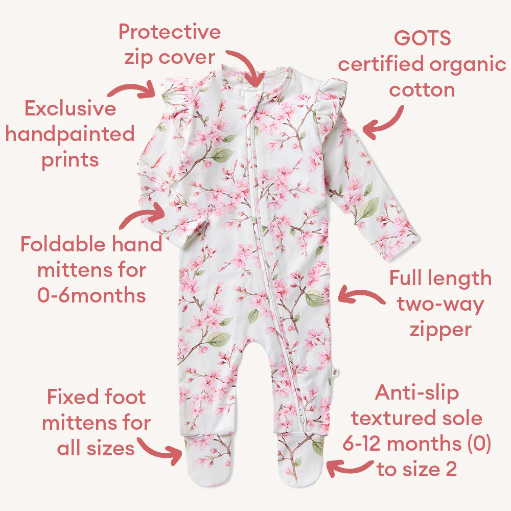 Cherry Blossom Organic Snuggle Sleepsuit Zip Footie with Frill - Image 4