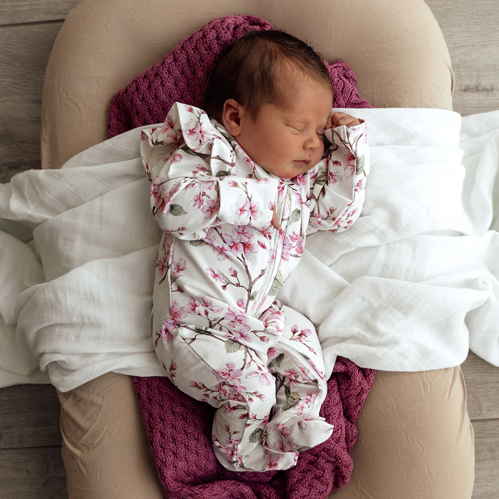 Cherry Blossom Organic Snuggle Sleepsuit Zip Footie with Frill - Image 5