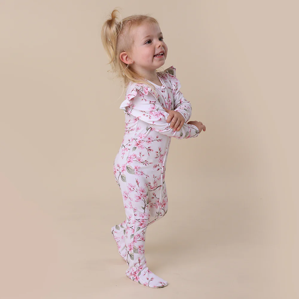 Cherry Blossom Organic Snuggle Sleepsuit Zip Footie with Frill - Image 6