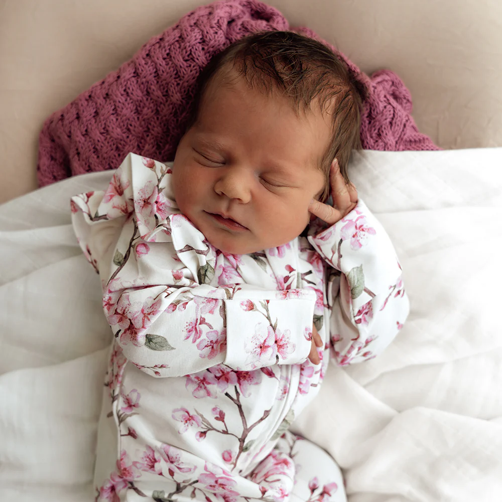 Cherry Blossom Organic Snuggle Sleepsuit Zip Footie with Frill - Image 7