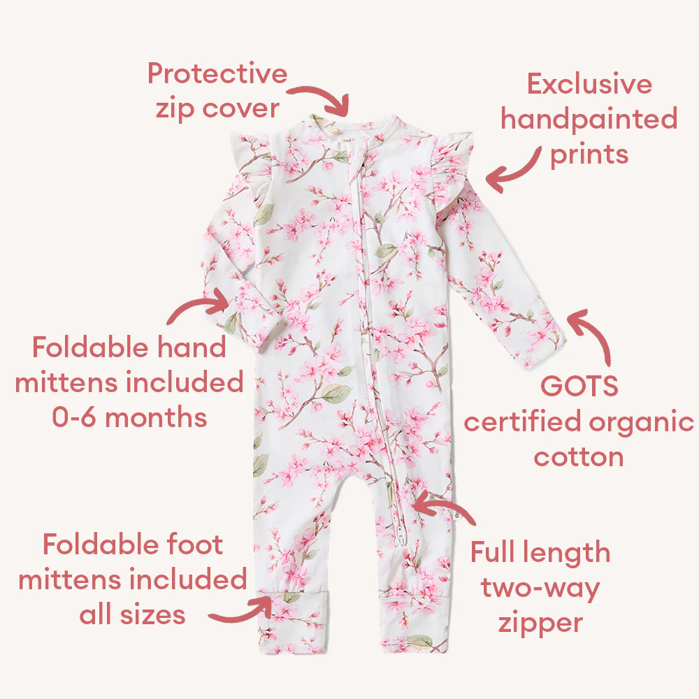 Cherry Blossom Organic Snugglesuit Convertible Romper with Frill - Image 4