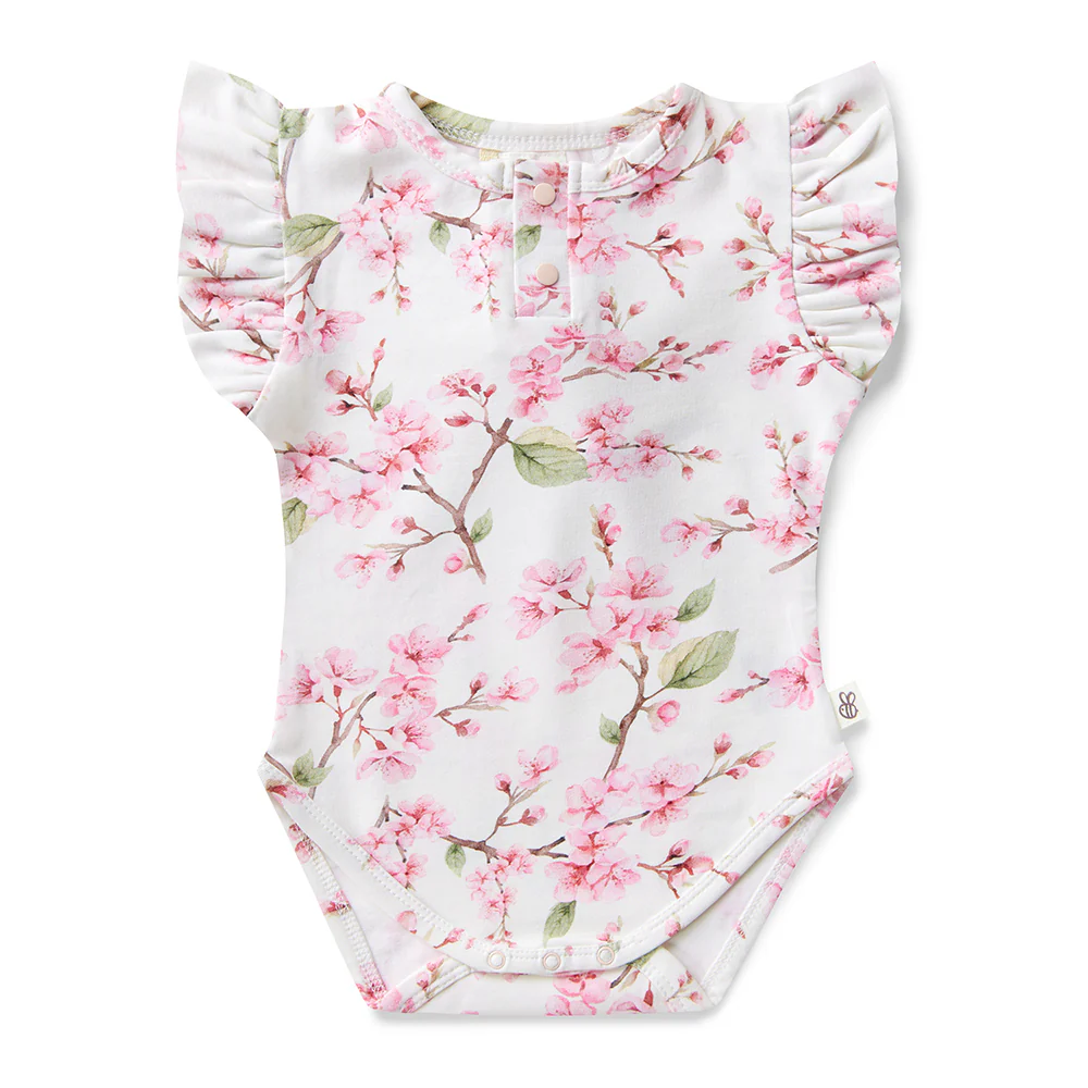 Cherry Blossom Short Sleeve Organic Bodysuit with Frill - Image 2