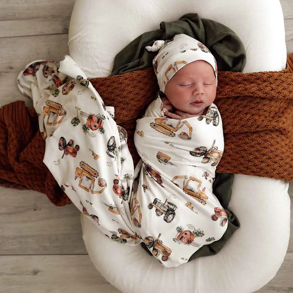 Diggers & Tractors Organic Jersey Wrap & Beanie Set - Image 3