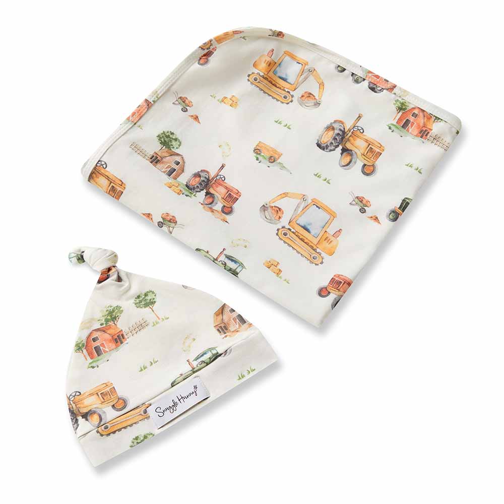 Diggers & Tractors Organic Jersey Wrap & Beanie Set - Image 4
