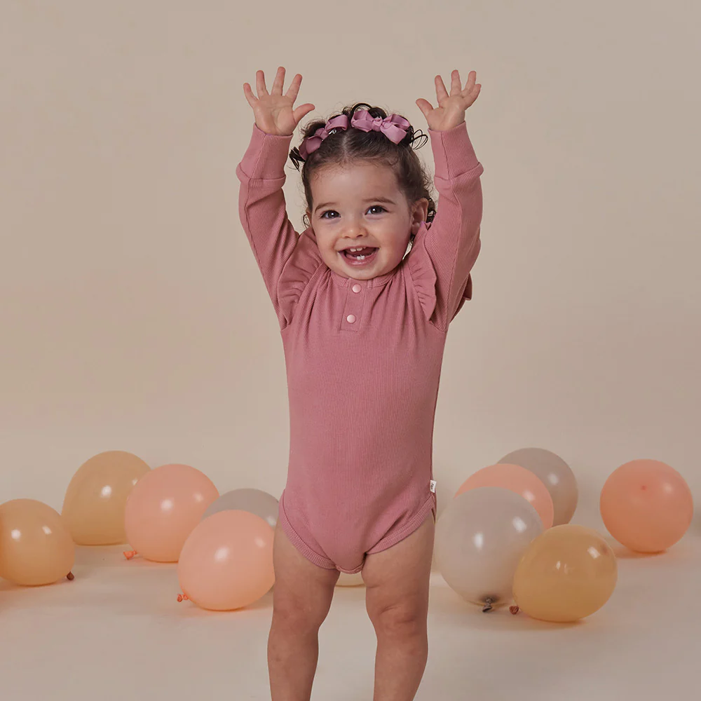 Jewel Pink Rib Long Sleeve Organic Bodysuit with Frill - Image 3