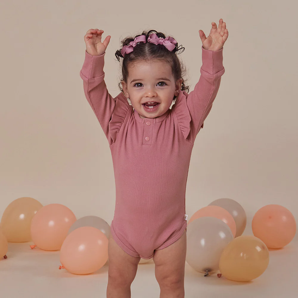 Jewel Pink Rib Long Sleeve Organic Bodysuit with Frill - Image 4