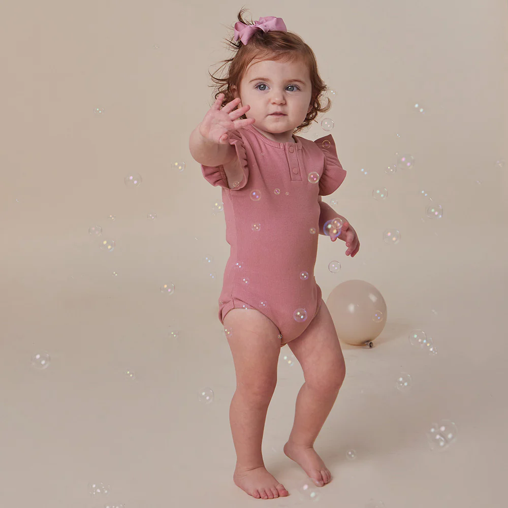 Jewel Pink Rib Short Sleeve Organic Bodysuit with Frill - Image 3
