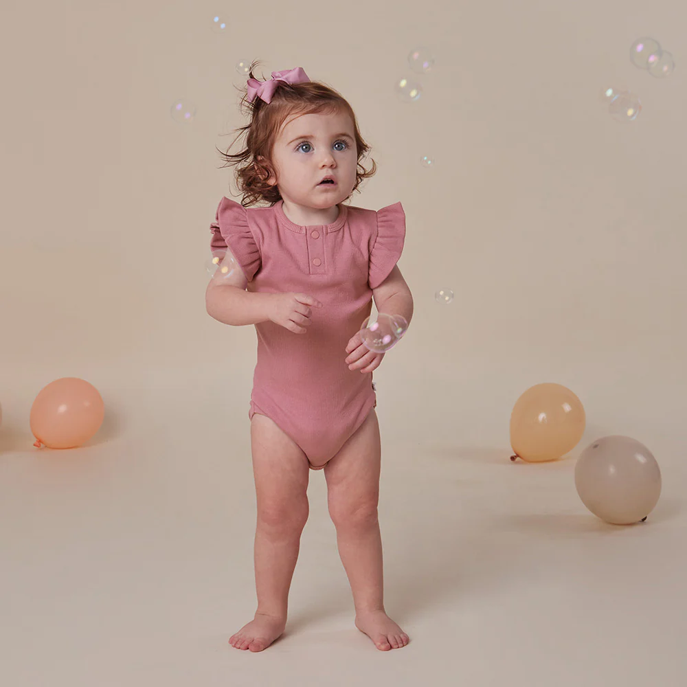 Jewel Pink Rib Short Sleeve Organic Bodysuit with Frill - Image 4