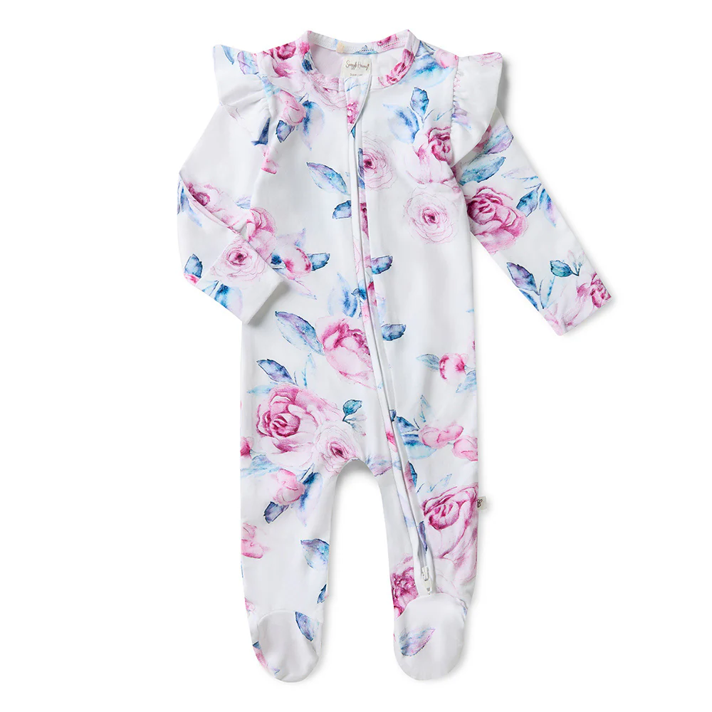 Lilac Skies Organic Snuggle Sleepsuit Zip Footie with Frill - Image 2