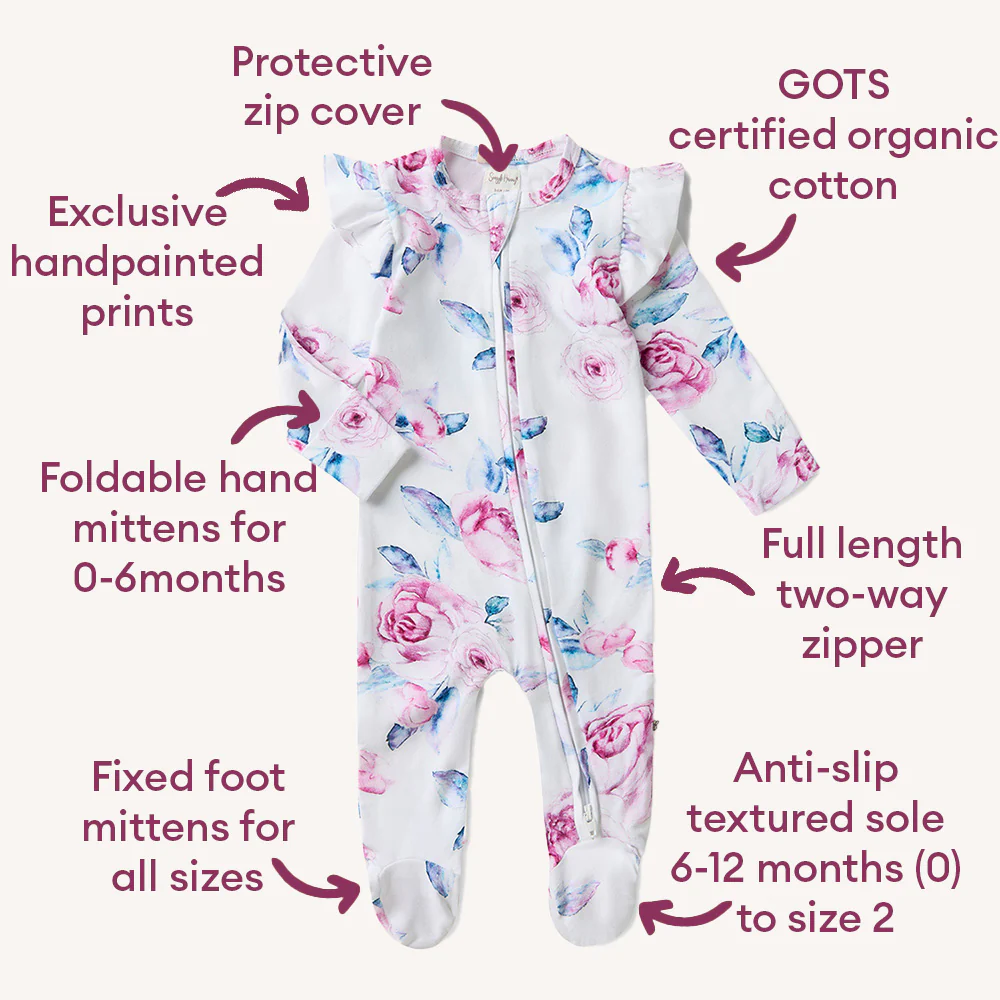 Lilac Skies Organic Snuggle Sleepsuit Zip Footie with Frill - Image 4