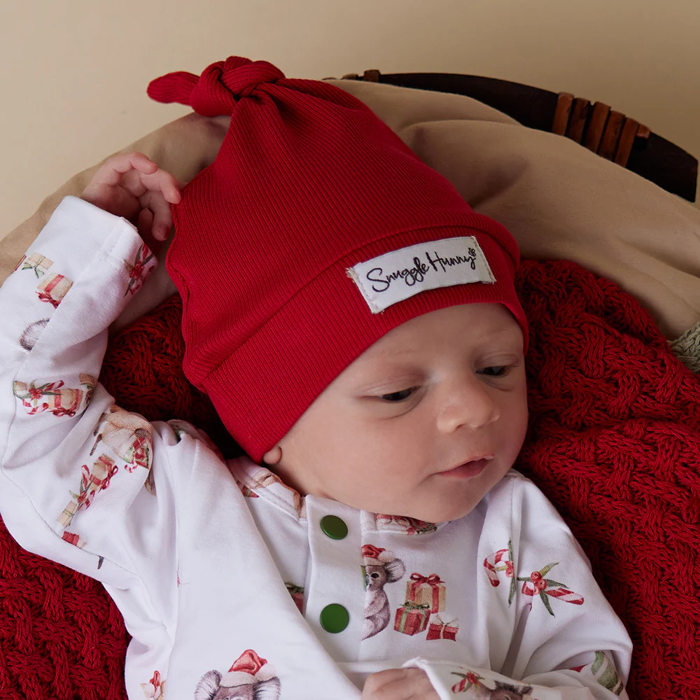 Red Ribbed Organic Knotted Beanie - Image 3