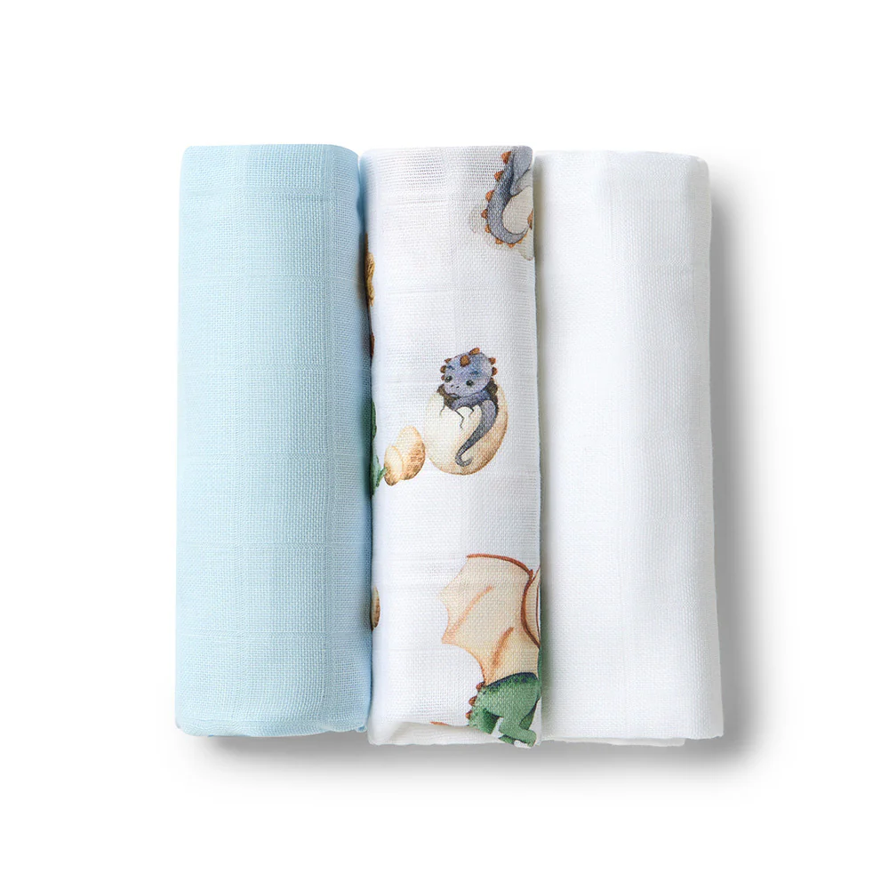 Small Organic Muslin Cloths 3 Pack - Dragon/Milk/Baby Blue - Image 2