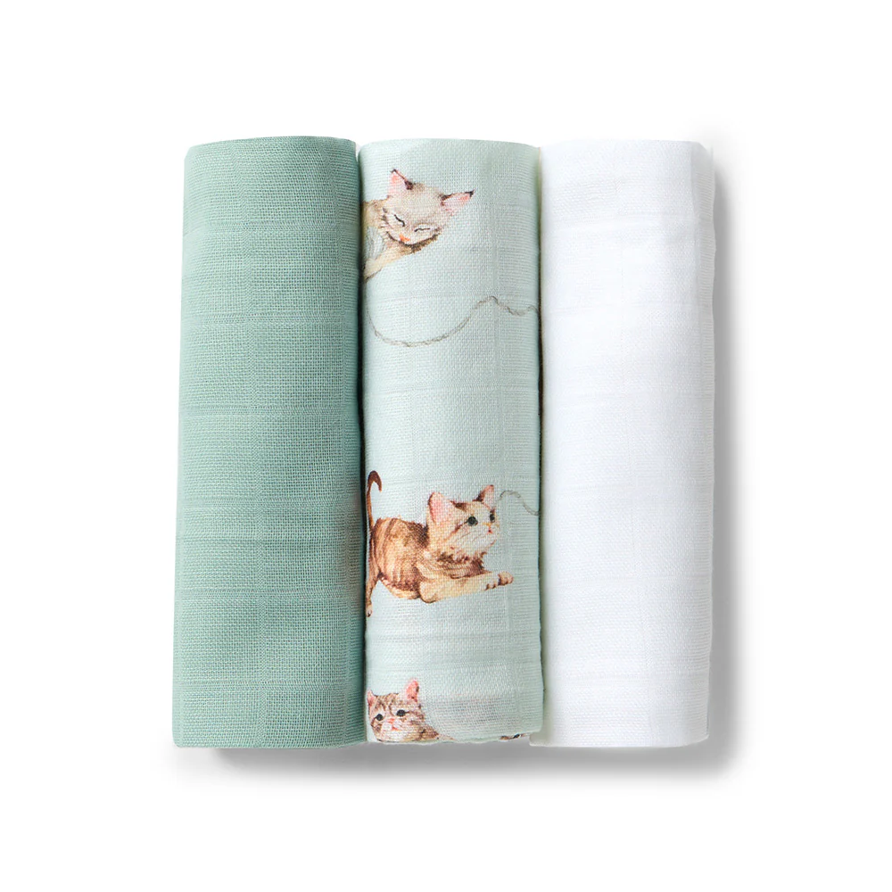 Small Organic Muslin Cloths 3 Pack - Kittens/Sage/Milk - Image 2