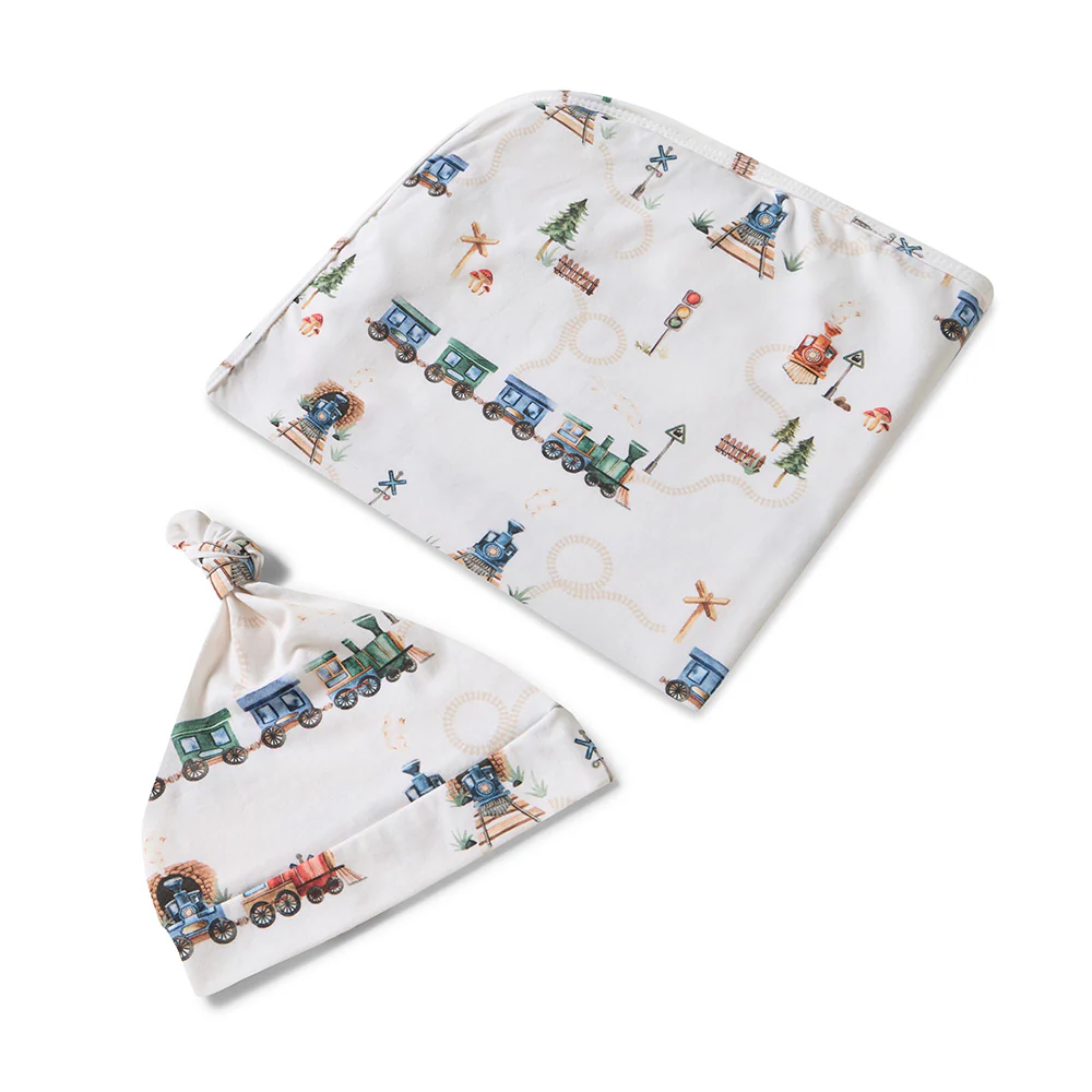 Trains Organic Jersey Wrap & Beanie Set - Image 2