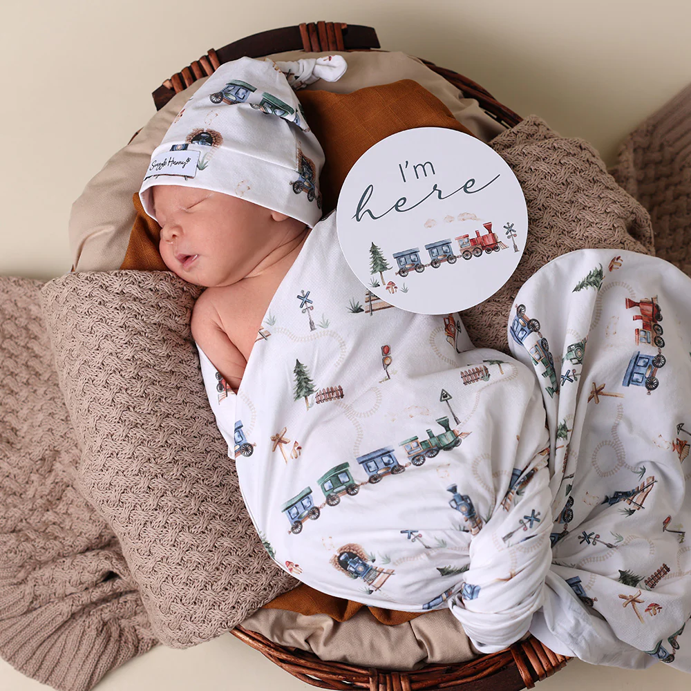 Trains Organic Jersey Wrap & Beanie Set - Image 3