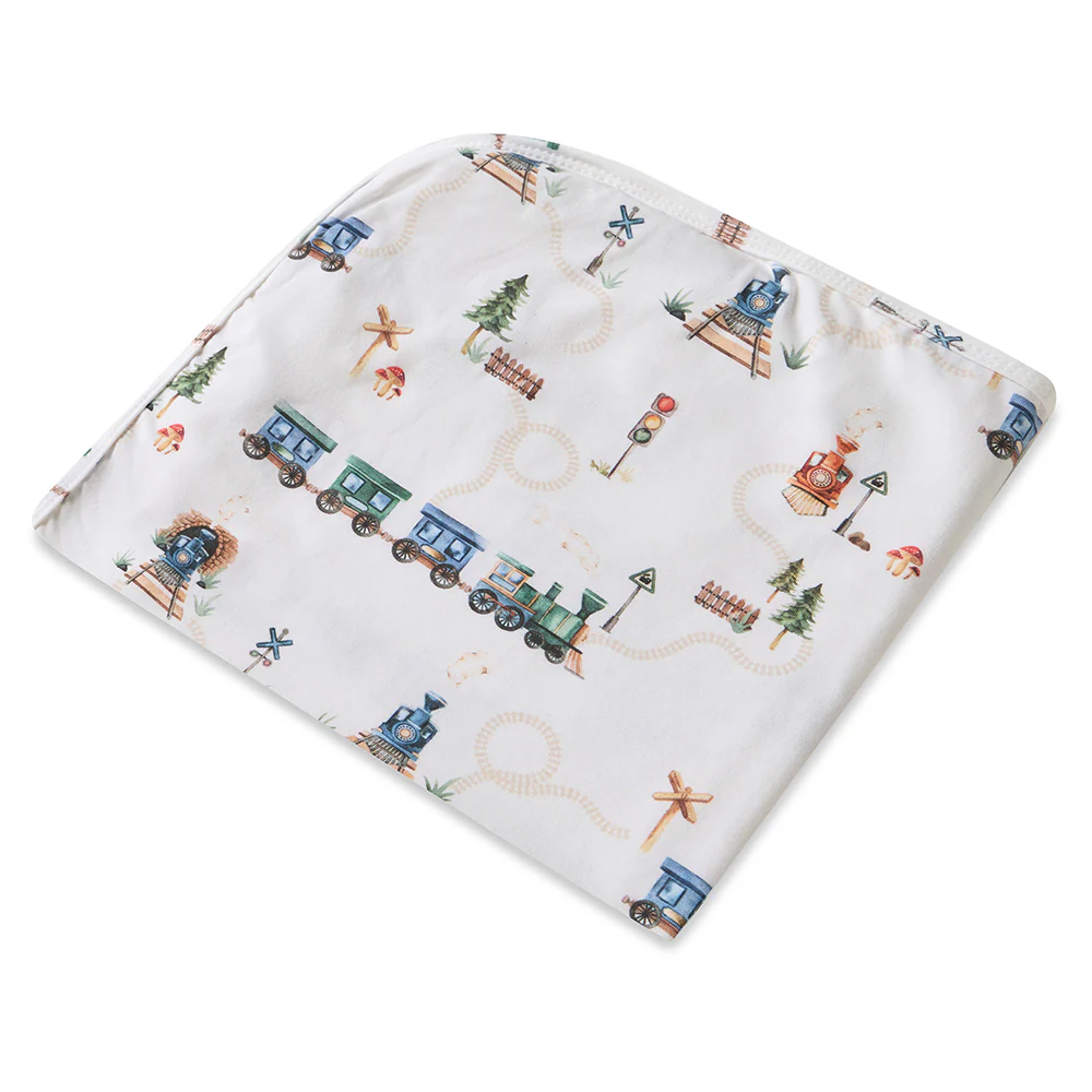 Trains Organic Jersey Wrap & Beanie Set - Image 4