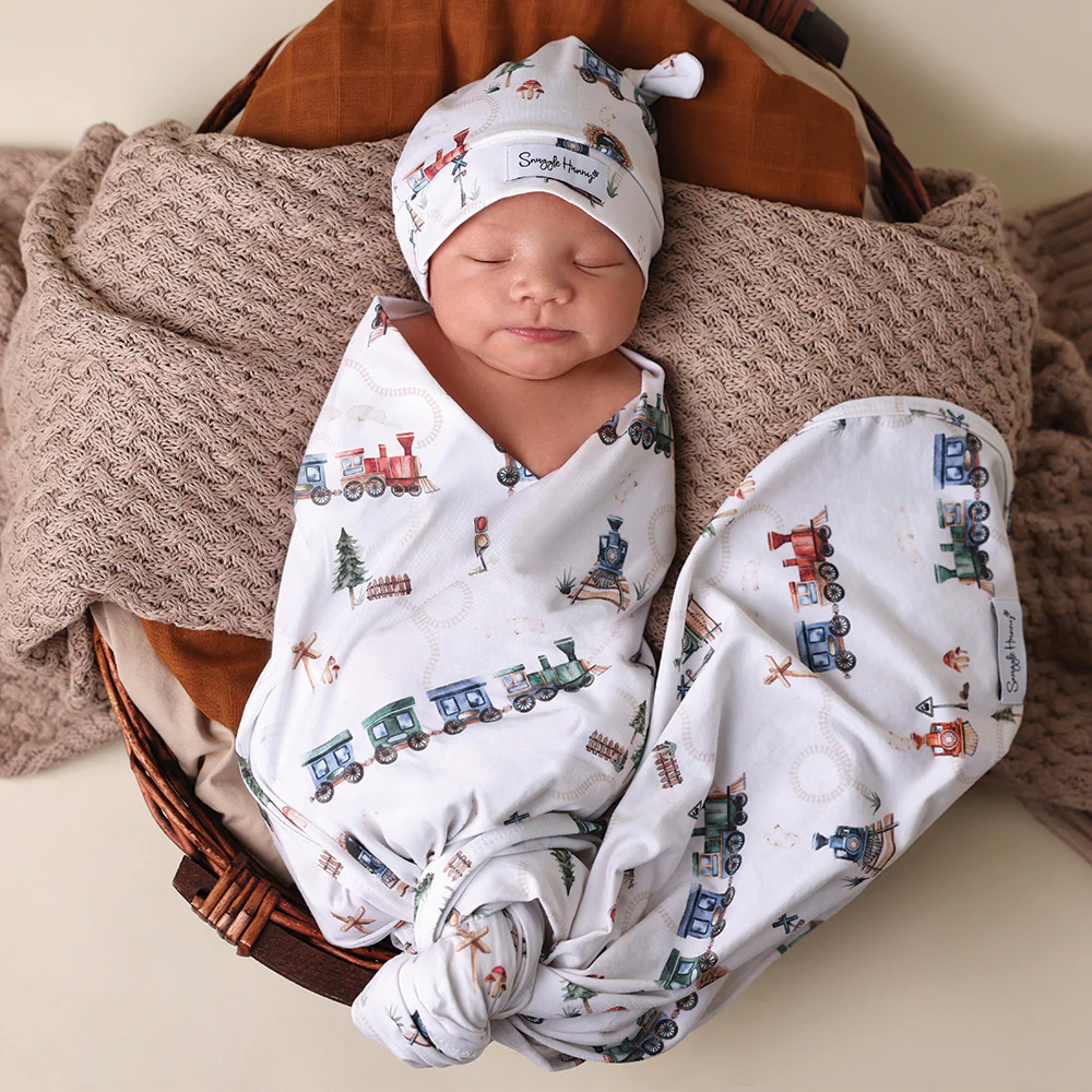 Trains Organic Jersey Wrap & Beanie Set - Image 6