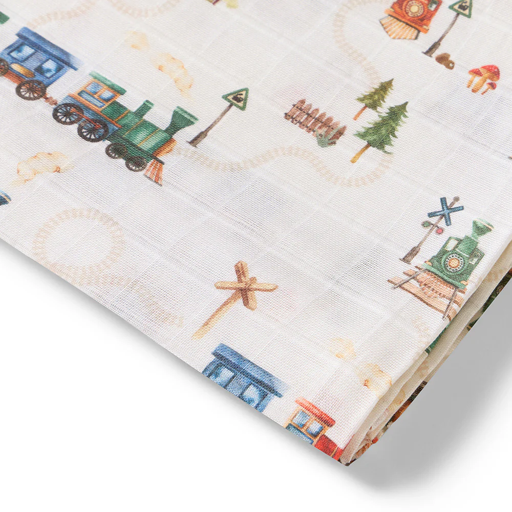 Trains Organic Muslin Wrap - Image 4