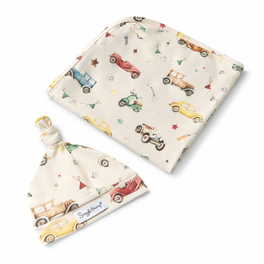 Vintage Cars Organic Jersey Wrap & Beanie Set - Image 2