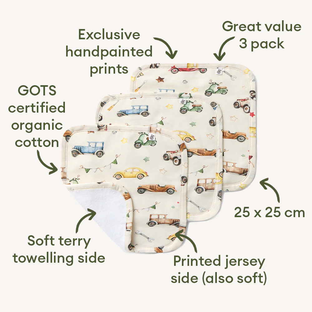 Vintage Cars Organic Wash Cloths - 3 Pack - Image 2